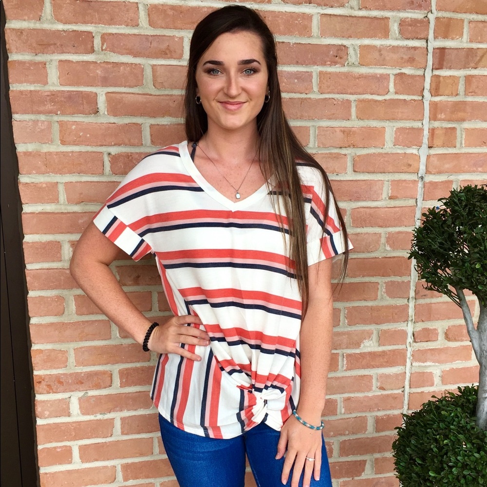 Shop basic USA banded short sleeve front knot top